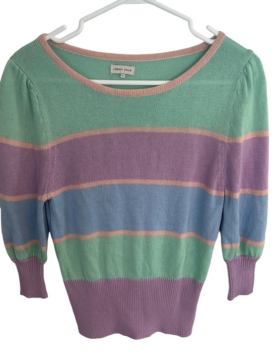The Urban Haus Sweaters - The Urban Haus Women’s Pastel Striped Knit Sweater Top  Puff  Sleeve-  Size S